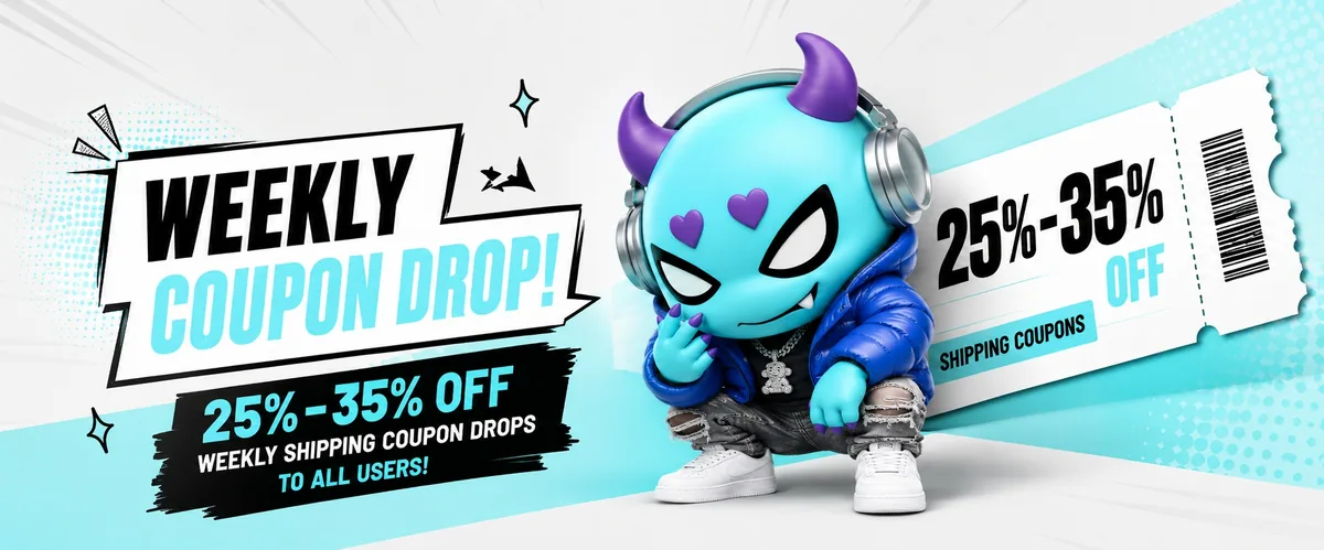 Pikobuy mascot crouching beside a weekly coupon banner advertising 25-35% off shipping coupons